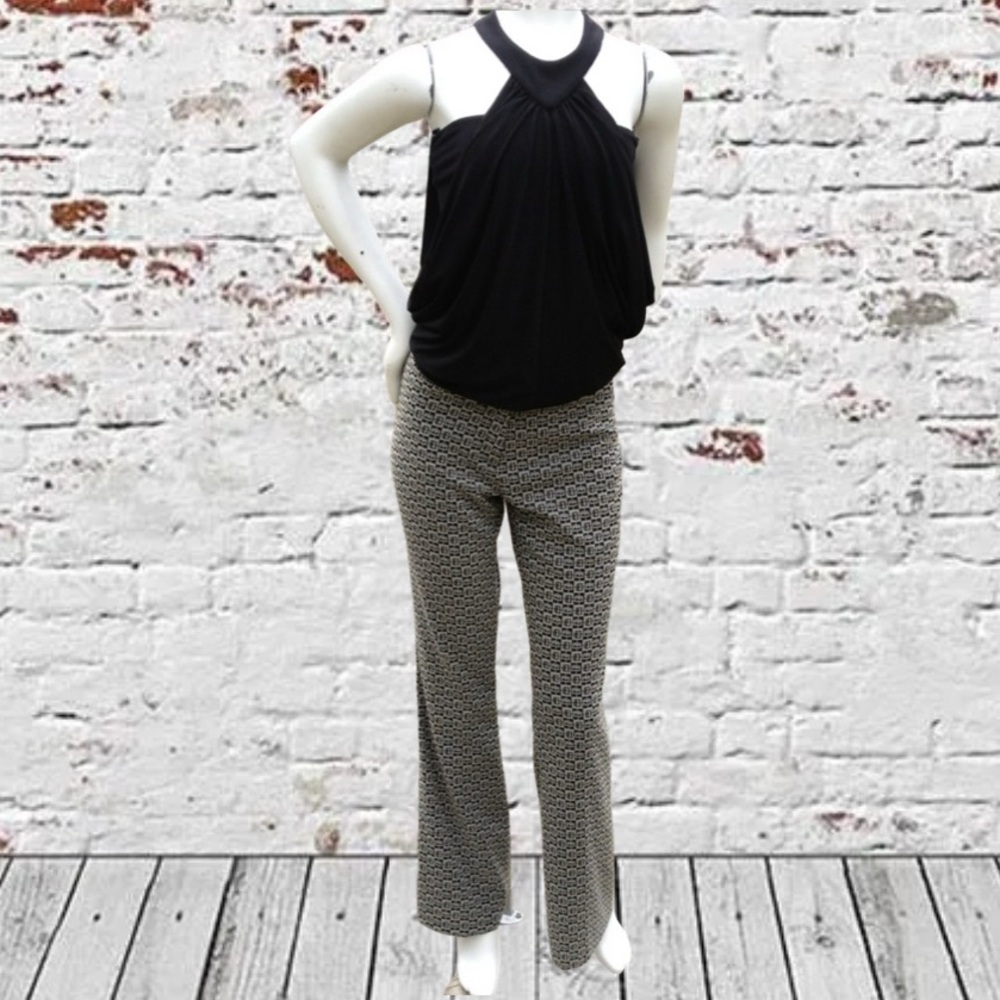 Bisou Logo Black & Tan Boot Cut Pants w/Leather Belt Detail Sz 8, 33” Inseam